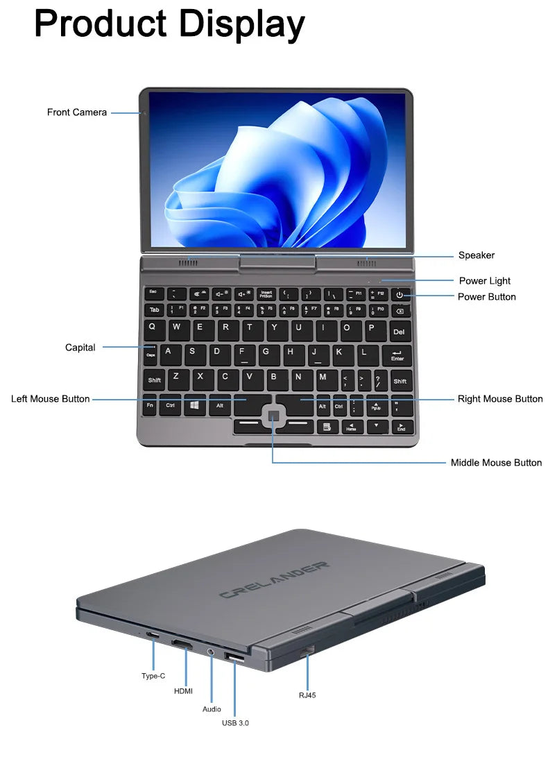 CRELANDER Mini 8 inch 2 in 1 Laptop