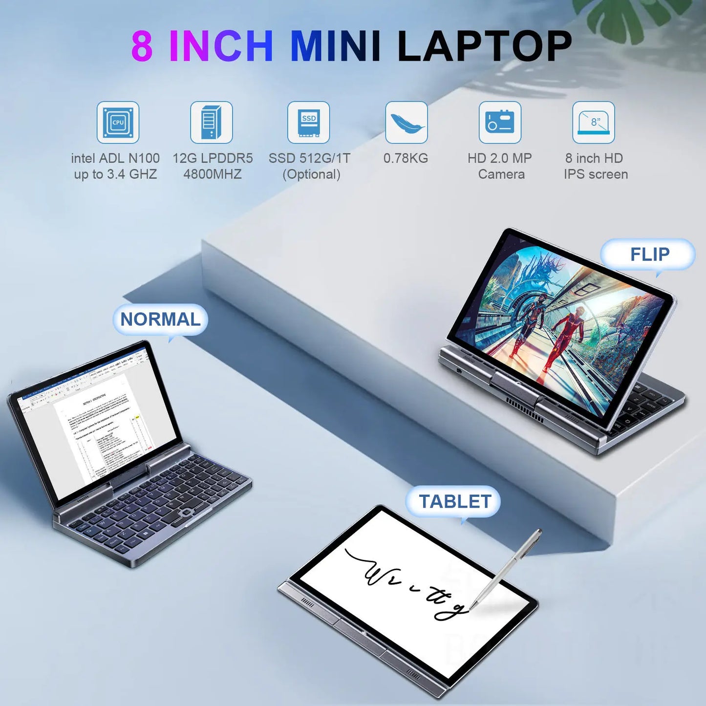 CRELANDER Mini 8 inch 2 in 1 Laptop